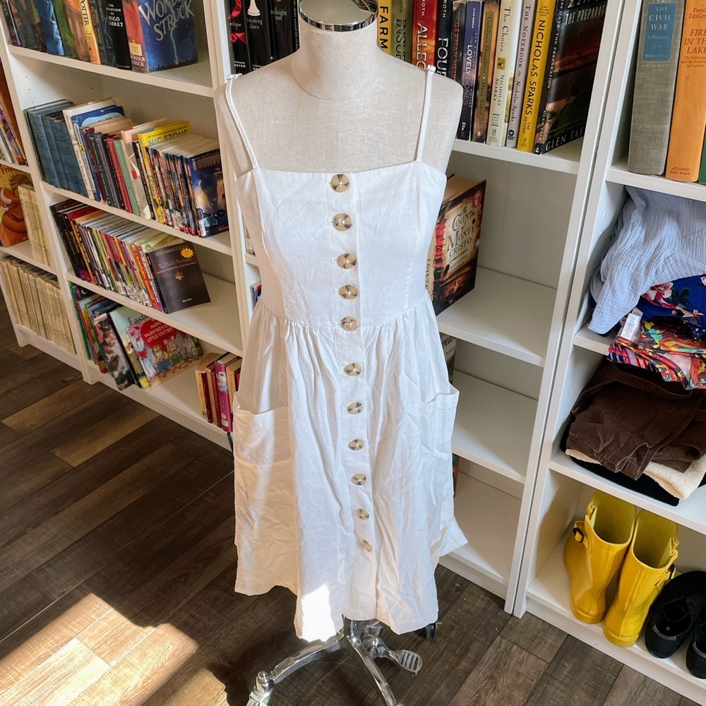 FOREVER 21 White Linen Button Front Spaghetti Strap Pockets Ruched Midi Dress